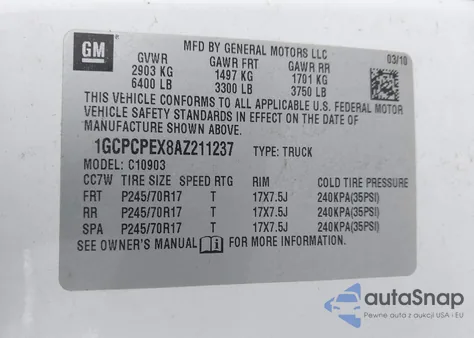 2010 Chevrolet Silverado 1500 Work Truck from USA, damaged, VIN 1GCPCPEX8AZ211237